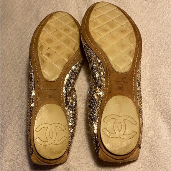CHANEL Ballet Flats -Sparkling Gold/Cream Stitch - Picture 11 of 12